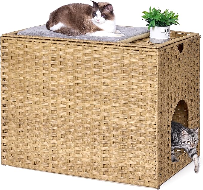 Cat Litter Box Enclosure with Litter Trapping Mat; Handwoven Plastic Rattan Cat House; No Installation Hidden Cat Washroom; Pet Crate for Balcony,Bedroom,Living Room-PawvioPets