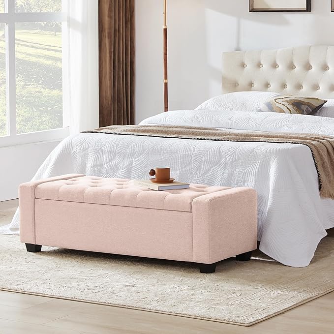 48" Ottoman with Storage, Pink Storage Ottoman Bench with Safety Hinge, Upholstered Entryway Bench with Seating for Bedroom, Living Room, Holds up to 330 lb-PawvioPets