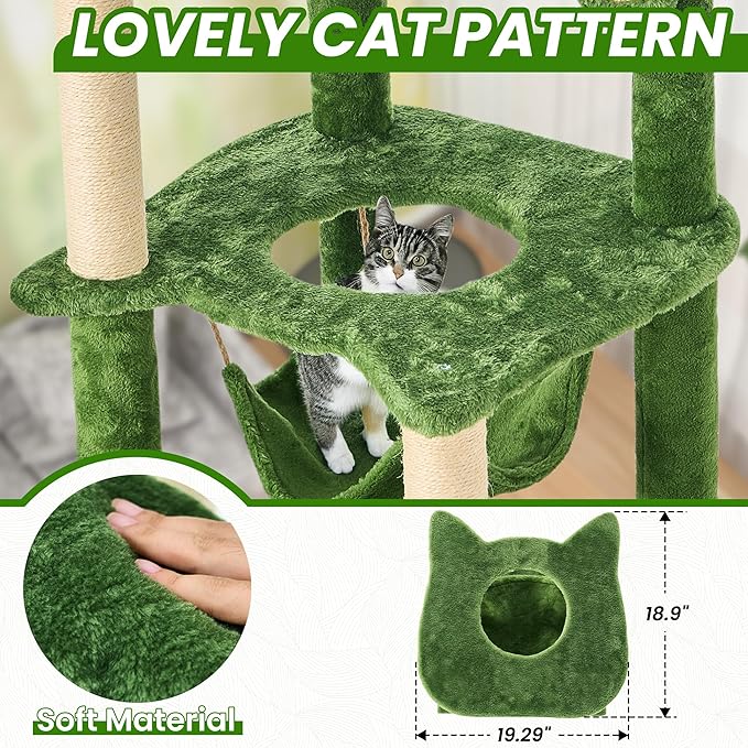 55 Inch Large Cat Tree Tower for Indoor Cats with Hammock Green Leaves Sisal Scratching Post, Plush Hang Ball Play Furniture for Kittens & Adult Cats,New Green-PawvioPets