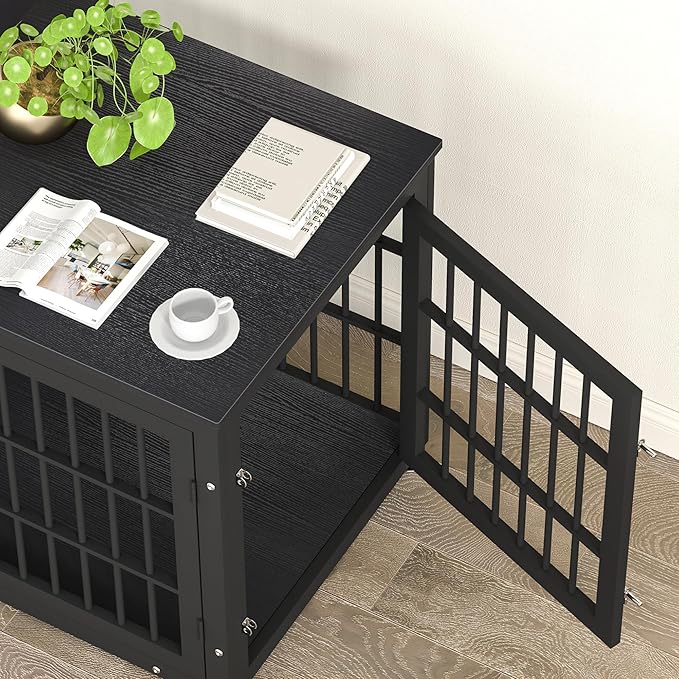 38 Inch Heavy Duty Dog Crate Furniture for Large and Medium Dogs, Decorative Pet House End Table, Wooden Cage Kennel Furniture Indoor, Black-PawvioPets