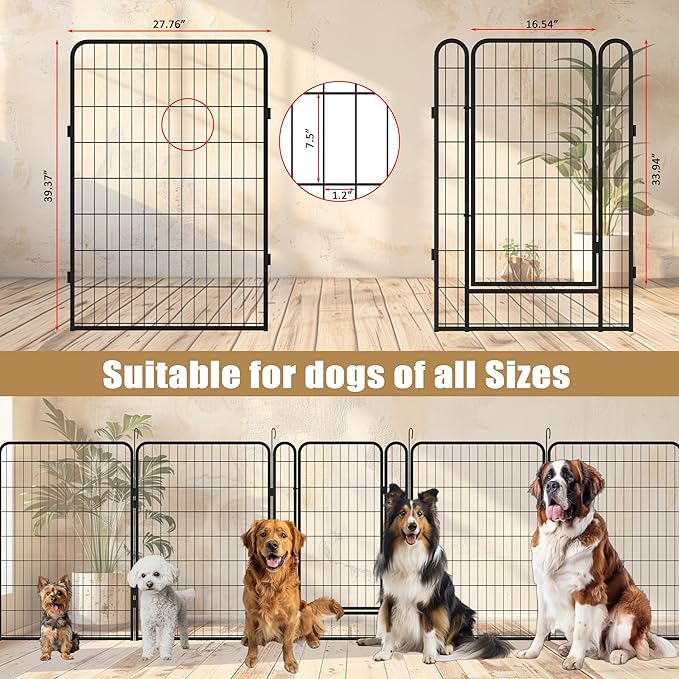 Dog Playpen, Outdoor Dog Fence, 6 Panels, 40" H Dog Pen for Large/Medium/Small Dogs, Heavy Duty Metal Pet Fence with Gate, Portable Dog Fence for RV Camping and Yard (Black)-PawvioPets