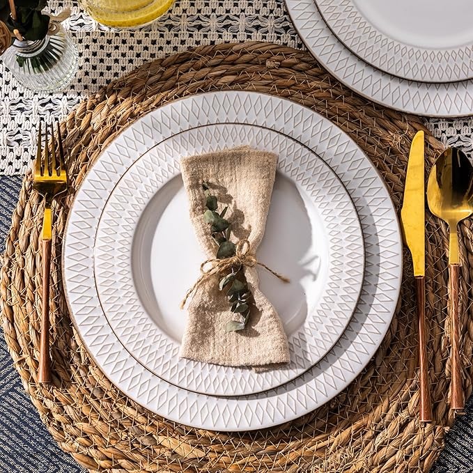 GBHOME Ceramic Dinnerware Sets, 24 pcs Embossed Elegant Stoneware Plates and Bowls Sets, Housewarming Wedding Gift | Dishwasher & Microwave Safe | Dishes Set Service for 8-PawvioPets