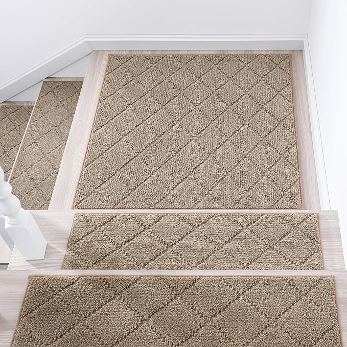 COSY HOMEER Edging Stair Treads Non-Slip Corner Indoor Stair Runners for Wooden Steps,Landing Slip Resistant Stair Rugs Mat for Kids and Dogs,100% Polyester TPE Backing,Beige,30x30 inch-PawvioPets