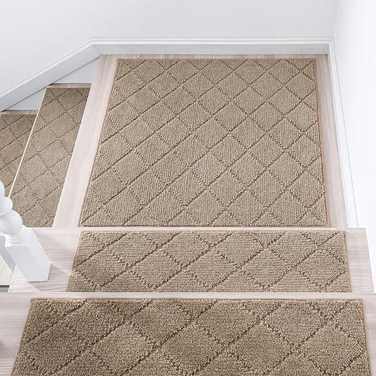 COSY HOMEER Edging Stair Treads Non-Slip Corner Indoor Stair Runners for Wooden Steps,Landing Slip Resistant Stair Rugs Mat for Kids and Dogs,100% Polyester TPE Backing,Beige,30x30 inch-PawvioPets