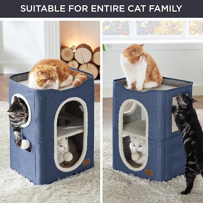 Bedsure 2 Story Cat House - Cat Condos for Indoor Cats with Scratch Pad and Fluffy Ball Hanging, Small Pet Cave Furniture Hideaway for Multi Pets, 18x14x23 inches, Blue-PawvioPets