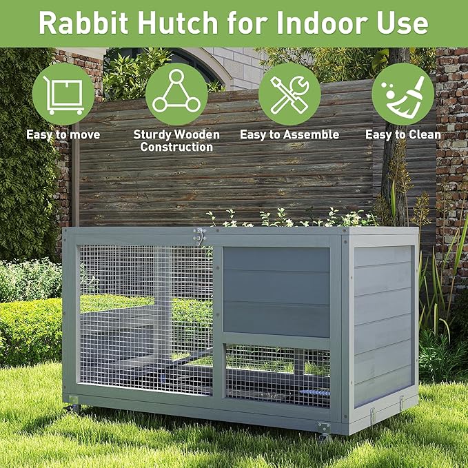 COZIWOW Wooden 36Inches Rabbit Hutch Outdoor with Wheels Bunny Cage Indoor Rabbit Cage with Clean Tray, Openable Roof, Anti-Slip Ramp for Small Bunny (Grey with Pattern)-PawvioPets