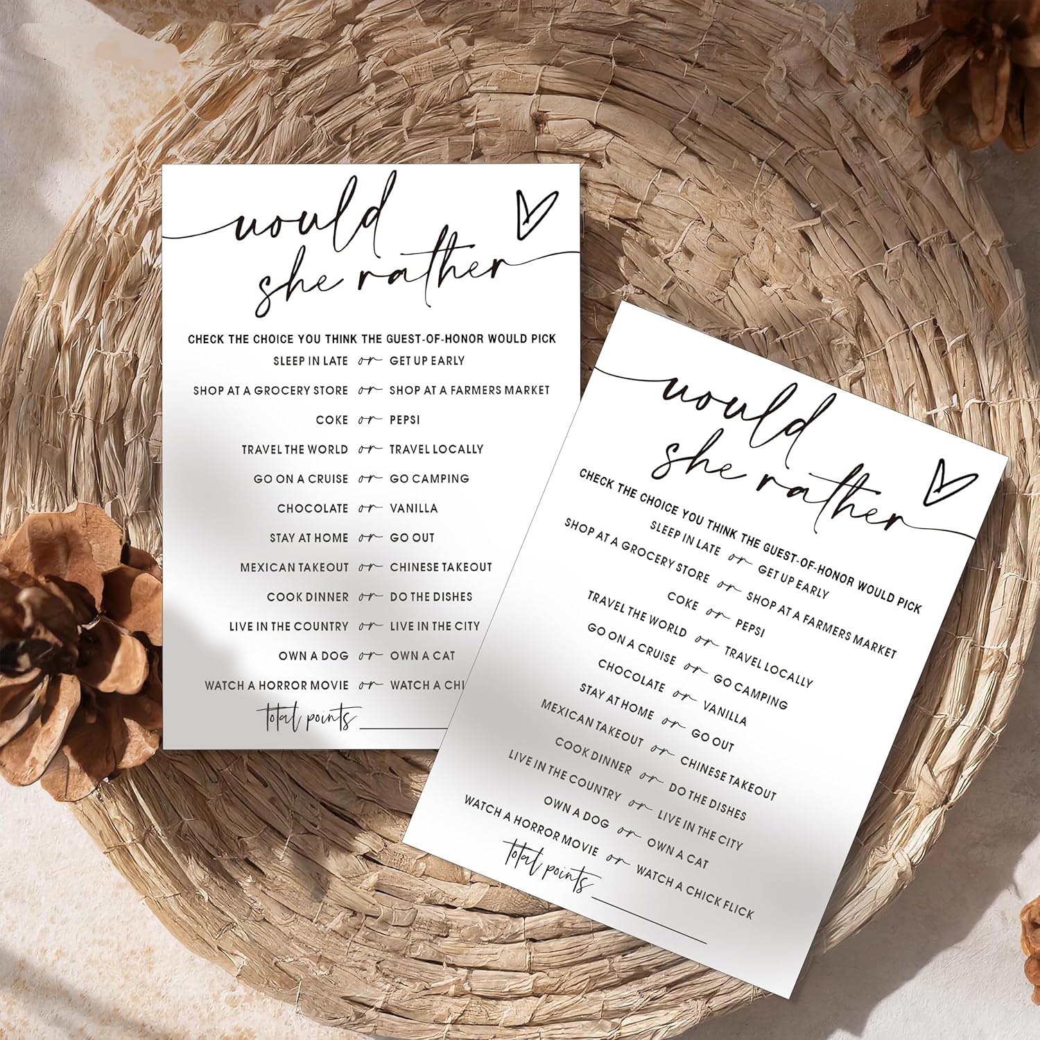 Fun Bridal Shower Games Set 25 Wedding Games Cards, Would She Rather Bridal Shower Game for 25 Guests Engagement Party Wedding Entertainment, Minimalist Newlywed Party Supplies - A11