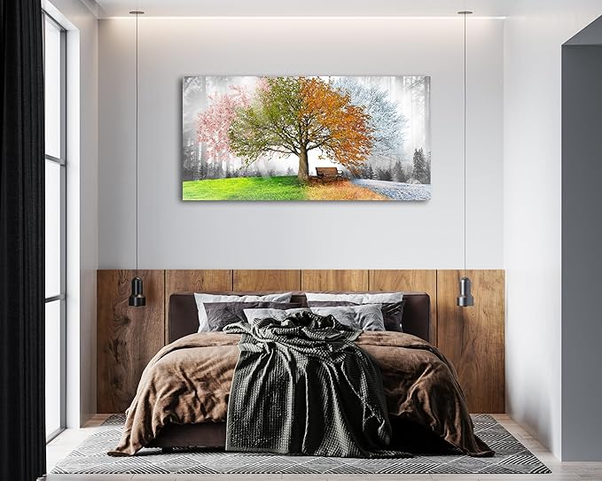 Canvas Prints Wall Art Decor Large Four Seasons Tree Picture 1 Panel Spring Summer Autumn Winter Tree Painting Artwork for Dining Room Kitchen Home Decor Stretched and Framed Ready to Hang-PawvioPets