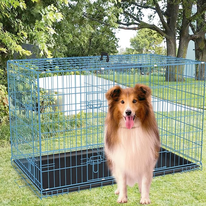 FDW Dog Crate for Large Dogs 48 Inch Folding Metal WirePet Cage Double Door W/Divider Panel Indoor Outdoor Kennel Leak-Proof Plastic Tray,Blue-PawvioPets