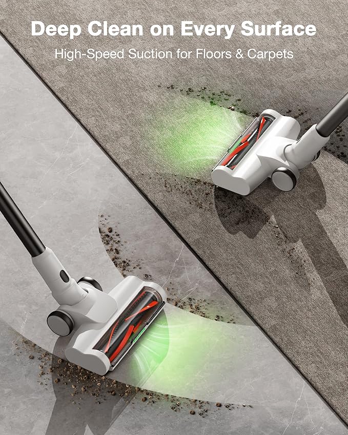 Cordless Stick Vacuum Cleaner for Home, Lightweight Rechargeable Vacuum with 55min Runtime, Powerful Suction, Green LED Headlight, 9-in-1 Pet Hair Carpet & Hardwood Floor Cleaner-PawvioPets