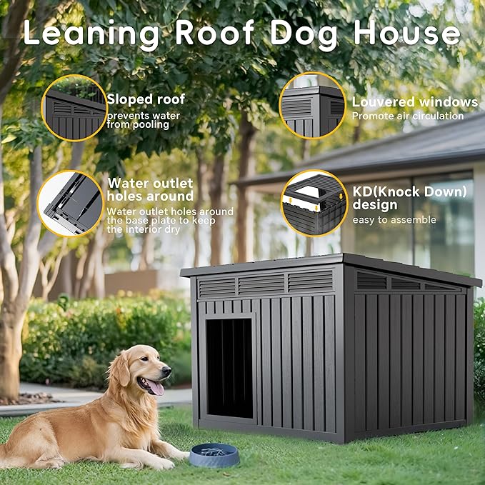 Dog House Indoor Outdoor,Resin Waterproof Puppy Shelter with Air Vents and Elevated Floor,Air Rod on Top to Open,Dog Kennel for Small to Medium Dogs(Black,32.2 * 25.12 * 24.13)-PawvioPets