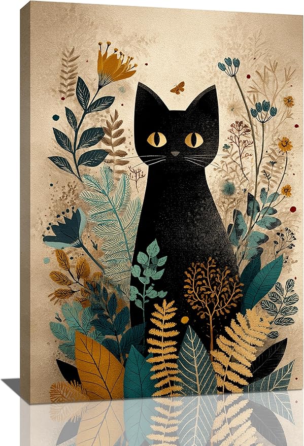 Boho Black Cat Wall Art Kitten Botanical Wall Decor Mid Century Modern Canvas Painting Print Minimalist Pictures Artwork Framed Decorations Gifts for Cat Lover Bathroom Nursery Living Room Bedroom Kitchen 16"x24"-PawvioPets