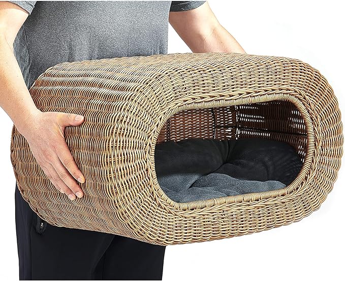 Fun Stackable Wicker Cat Hideaway House - Interactive Play Rattan Cat House for Indoor Cats Kitty, Pet Friendly Top/Side House Entry, Cat Bed Enclosed-PawvioPets