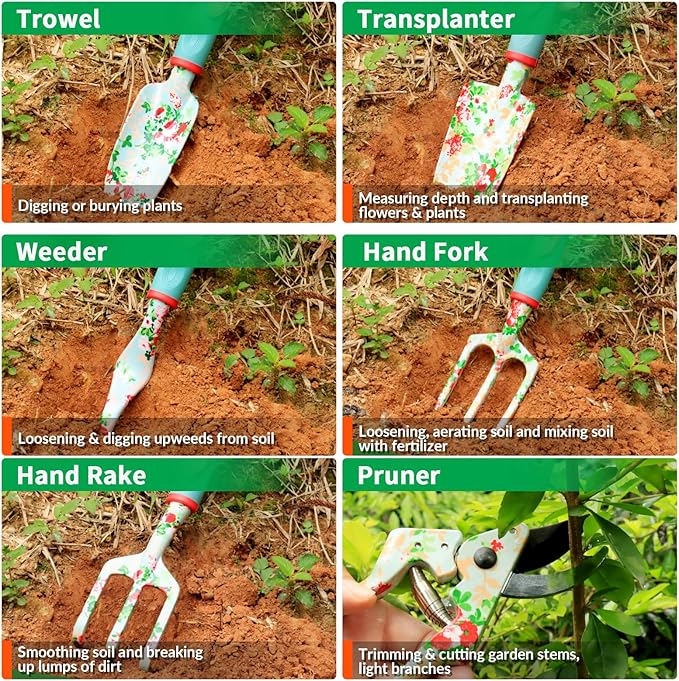 Garden Tools Set WANCHI 10 Piece Heavy Duty Floral Garden Tool Set Gardening Gifts for Women Men Birthday Rust-Proof Aluminum Garden Hand Tools Gardening Kit with Tote Bag Apron Glove-PawvioPets