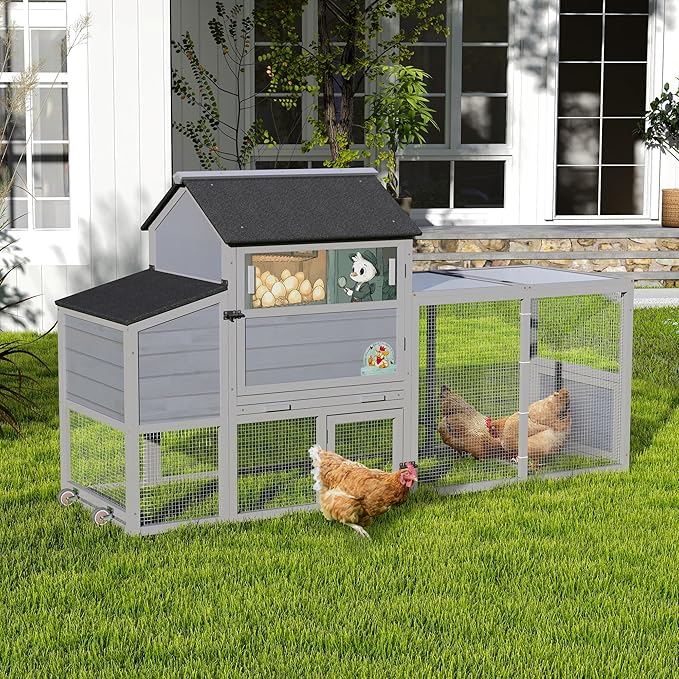 COZIWOW 82" Large Wooden Chicken Coop, Outdoor Rabbit Hutch with Wheels, Sunshine Board, Asphalt Roof, Ramp, Openable Top, Door, Window, Pull-Out Tray, Indoor Bunny Cage (Gray with Pattern)-PawvioPets