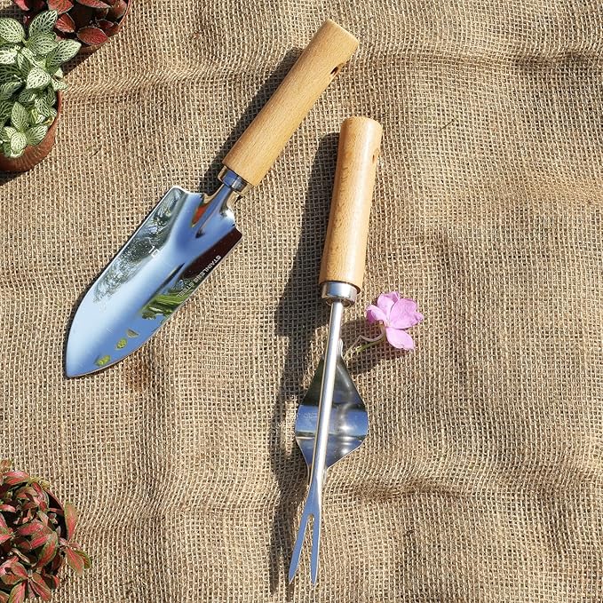 Garden Tool Set, 2 Pieces Stainless Steel Heavy Duty Garden Tools, Garden Kit with Ergonomic Wooden Handle, Durable Garden Tools for Gardening, Gardening Gifts for Women-PawvioPets