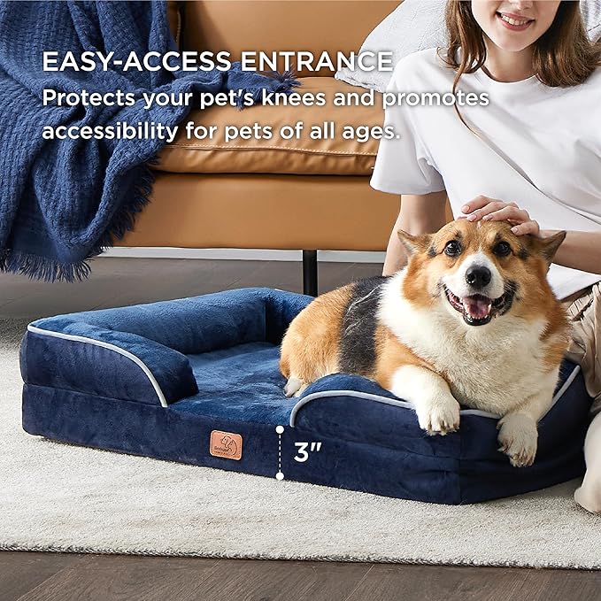 Bedsure Orthopedic Dog Beds Large Sized Dog - Washable Large Dog Cat Bed Waterproof, Comfort Dogs Couch Sofa with Washable Removable Cover, Pet Bed with Nonskid Bottom, Blue Navy, 35"-PawvioPets