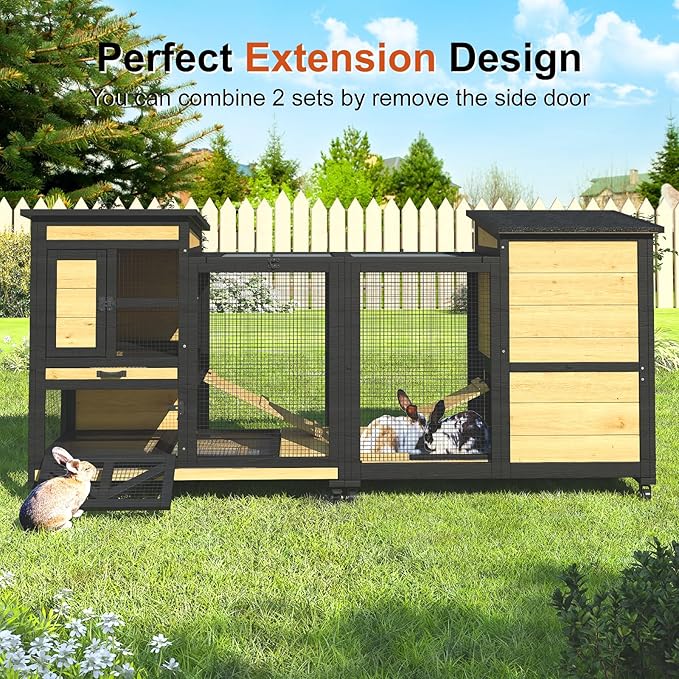 40'' Rabbit Cage Bunny Cage Indoor, Outdoor Rabbit Hutch for Small Animals, 2-Story Wooden Guinea Pig Cages with Wheels & 2 Deeper No Leak Trays, Waterproof Openable Roof & Bottom Wire Mesh-PawvioPets