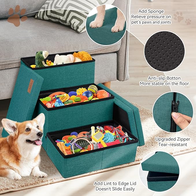 Dog Stairs with Storage 18" H, 3-Step Wider Dog Steps for Small/Medium/Large Old Dogs Cats, Folding Sturdy Pet Stairs for Climbing Bed Couch, Ramp for Car Hold Up to 200 lbs, Dark Green-PawvioPets
