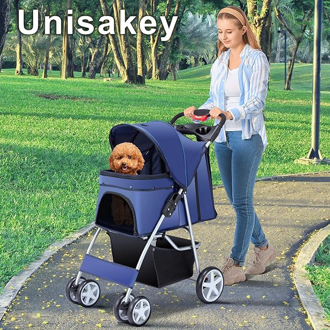 4 Wheels Pet Stroller for Small Medium Dogs Cats 10-33 lbs, Foldable Dog and Cat Stroller with Cup Holder & Storage Basket & Breathable Mesh, Pet Strolling Cart for All-Season, Navy Blue-PawvioPets
