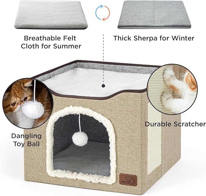 Bedsure Cat Beds for Indoor Cats - Large Cat Cave for Pet Cat House with Fluffy Ball Hanging and Scratch Pad, Foldable Cat Hideaway, 16.5x16.5x13 inches, Brown-PawvioPets