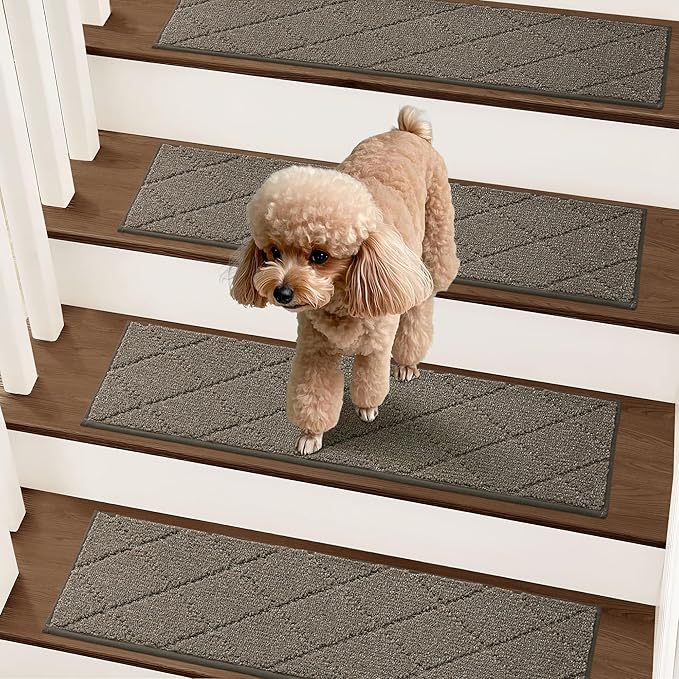 COSY HOMEER Stair Treads for Wooden Steps 9"x28" Washable Indoor Carpet Stair Treads Non Slip Soft Polyester Stair Carpet Tread Reusable Stair Runner Rugs for Kids, Elders,Pets,Light Brown,7pcs-PawvioPets