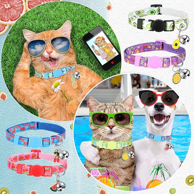 Frienda 12 Pcs Spring Summer Breakaway Cats Collars Girl Cat Safety Adjustable Collars with Bell and Summer Fruit Patterns Pendants Set for Pets Decoration(Medium)-PawvioPets
