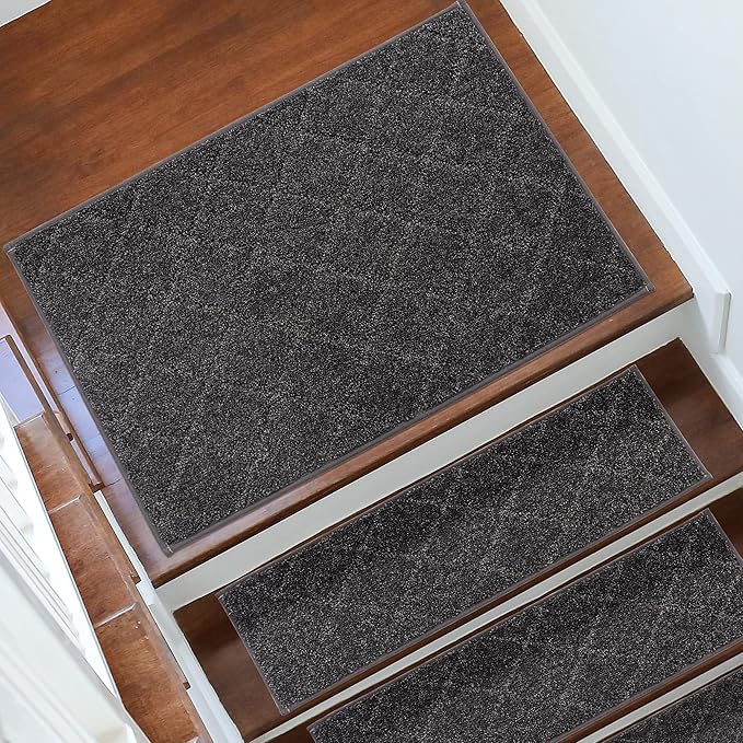 COSY HOMEER Edging Stair Treads Non-Slip Corner Indoor Stair Runners for Wooden Steps,Landing Slip Resistant Stair Rugs for Kids and Dogs, 100% Polyester TPE Backing,Black,20"X32"-PawvioPets