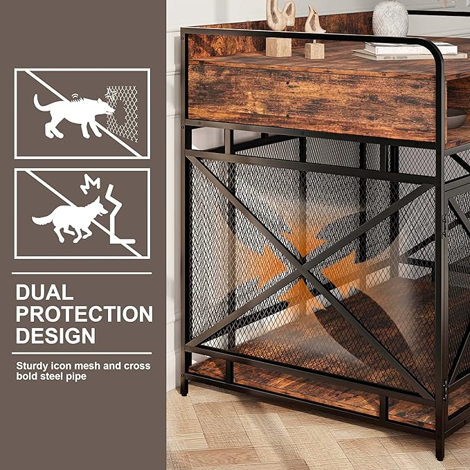 Dog Crate Furniture, 48" Heavy Duty Wooden Dog Crate End Table, XL Dog Kennel Furniture Large Breed, Decorative Dog Kenne Indoor with 3 Drawers & Steel Tubes 48" L x28 W x36 H (Rustic Brown)-PawvioPets