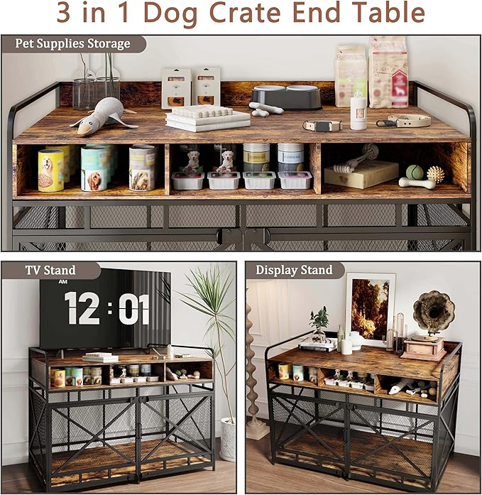 Dog Crate Furniture, 48" Heavy Duty Wooden Dog Crate End Table, XL Dog Kennel Furniture Large Breed, Decorative Dog Kenne Indoor with 3 Drawers & Steel Tubes 48" L x28 W x36 H (Rustic Brown)-PawvioPets