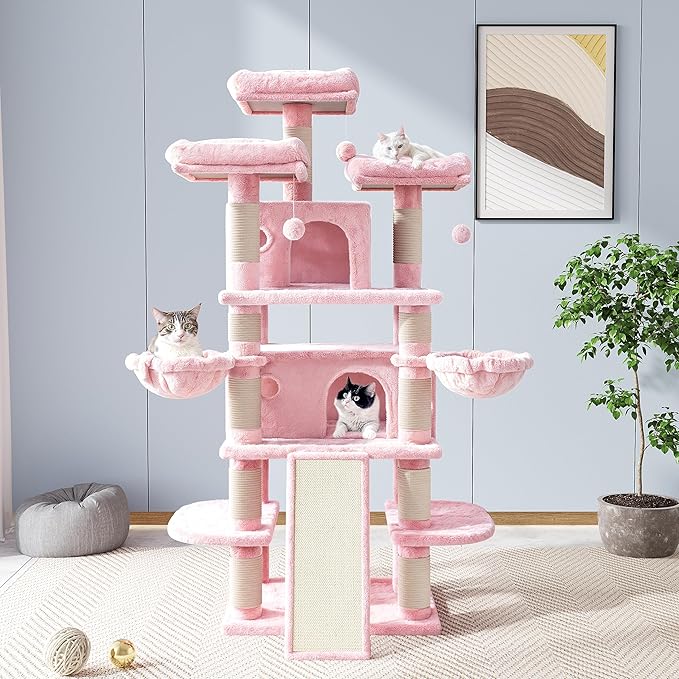 Allewie 68 Inches Cat Tree/House and Towers for Big Feline/Scratching Post/Multi-Level Large Kitty Climbing Tree with Condo/Pink-PawvioPets
