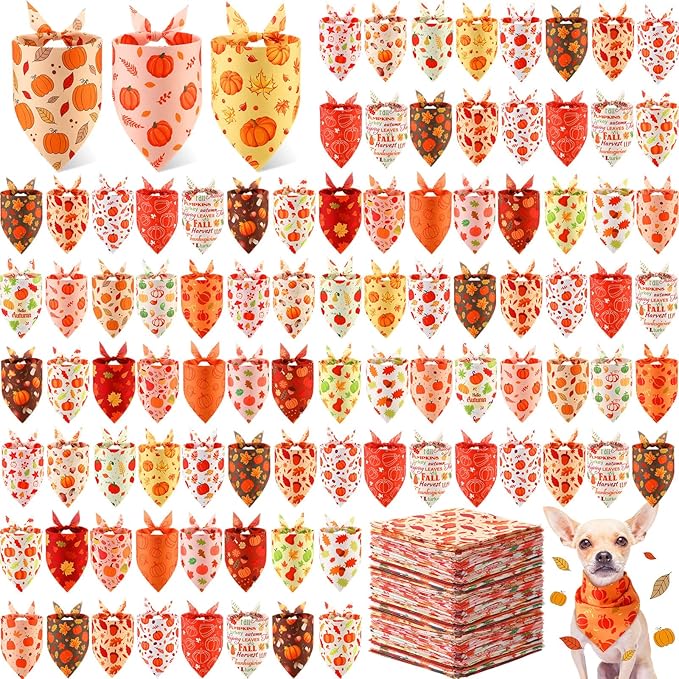 Abbylike 200 Pcs Fall Dog Bandanas Bulk Pumpkin Bandanas for Dogs Pets Triangle Kerchief Bibs Scarf for Fall Autumn Thanksgiving Costume Photo Props Accessories Pet Shops Adoption Events, 25 Styles-PawvioPets