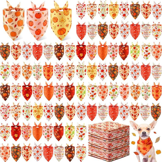 Abbylike 200 Pcs Fall Dog Bandanas Bulk Pumpkin Bandanas for Dogs Pets Triangle Kerchief Bibs Scarf for Fall Autumn Thanksgiving Costume Photo Props Accessories Pet Shops Adoption Events, 25 Styles-PawvioPets