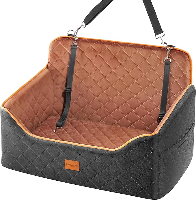 Dog Car Seat for Medium Dogs - Pet Car Seat with 2 Safety Straps & Waterproof Padding, Portable Pet Carrier for Cars, Trucks & SUVs, Comfortable Booster Bed for Pets Up to 55lbs (Black/Coffee)-PawvioPets