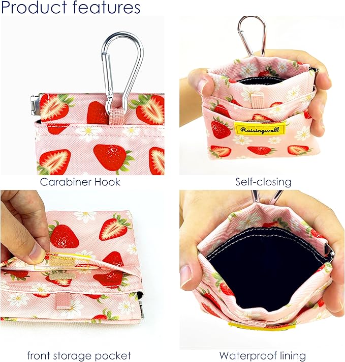 Dog Treat Pouch,Cotton Pocket Sized Training Holder, Hand Free Walking Funny Bag with Carabiner, Self-Closing Pet Feed Snack Reward, Behavior Aids for Puppy Travel or Outdoor Use（Strawberry）-PawvioPets