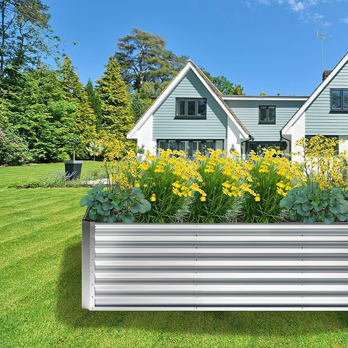 8x2x2FT Galvanized Raised Garden Bed,Planter Raised Beds-Metal Garden Box,Large Plant for Outdoor Planting, Vegetables Bed，Flower,herb-Sliver-PawvioPets