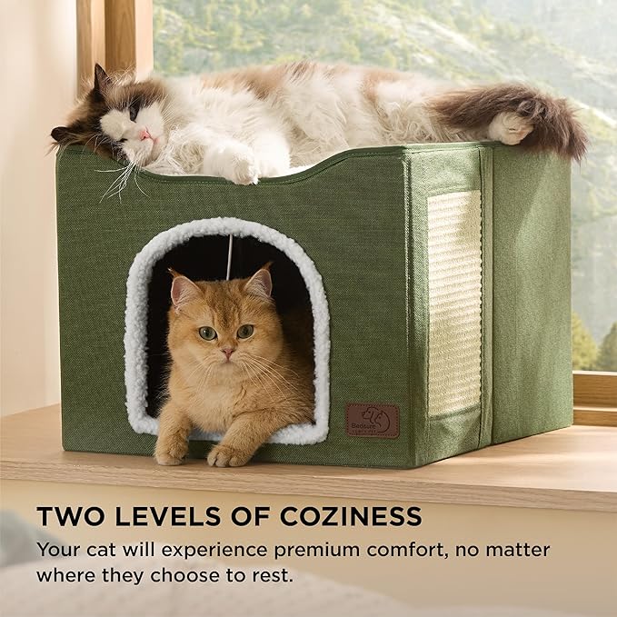Bedsure Cat Beds for Indoor Cats - Large Cat Cave for Pet Cat House with Fluffy Ball Hanging and Scratch Pad, Foldable Cat Hideaway, 16.5x16.5x13 inches, Loden Green-PawvioPets