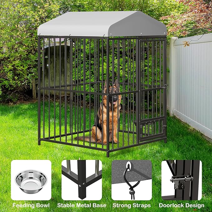 4x4x6 FT Outdoor Dog Kennel,Heavy-Duty Enclosures Outside with UV-Resistant Waterproof Roof Cover and Lock,for Medium and Large Dogs,Easy Assembly-PawvioPets