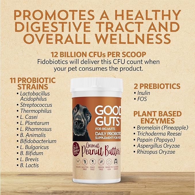 Fidobiotics Good Guts for Big Mutts Probiotic for Dogs, 12 Billion CFUs, 11 Strains, 5 Digestive Enzymes, 2 Prebiotics, Digestive Gut Health for Dogs, Adult & Puppy Probiotics Supplements (20 Days)-PawvioPets