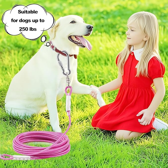 Dog Tie Out Cable for Outside,10FT Long Dog Leash&Chains with Swivel Hook,Small-Large Dogs Runner Cable for Yard,Heavy Duty Dogs Lead Line for Outdoor and Camping (500lbs 10FT, Pink)-PawvioPets