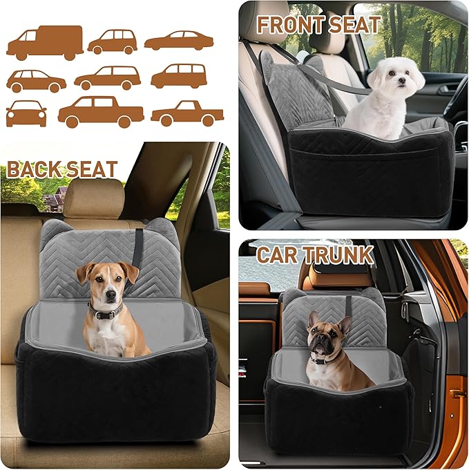 Dog Car Seat Booster with Waterproof Cover, Memory Foam, Small/Medium Dog Bed for Car Back Seat for Travel, Black/Grey, 2 Safety Belt-PawvioPets