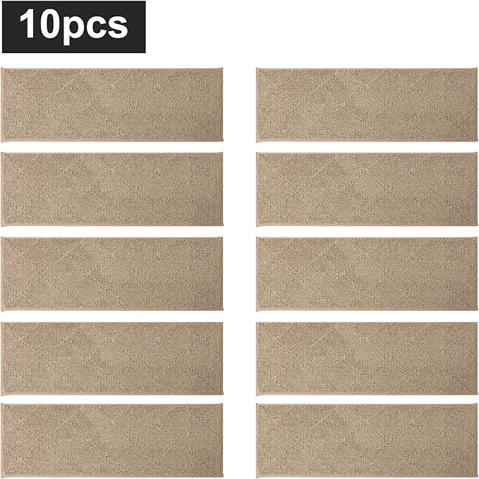COSY HOMEER Edging Stair Treads Non-Slip Carpet Mat 28inX9in Indoor Stair Runners for Wooden Steps, Edging Stair Rugs for Kids and Dogs, 100% Polyester TPE Backing (10pc, Beige)-PawvioPets