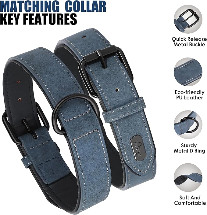 Didog Soft Padded Leather Dog Collar and Leash Set, Adjustable Dog Leash and Collar Set with Metal Buckle, Breathable Dog Collars with 4FT Faux Leather Dog Leash for Small Medium Large Dogs, Blue, XL-PawvioPets