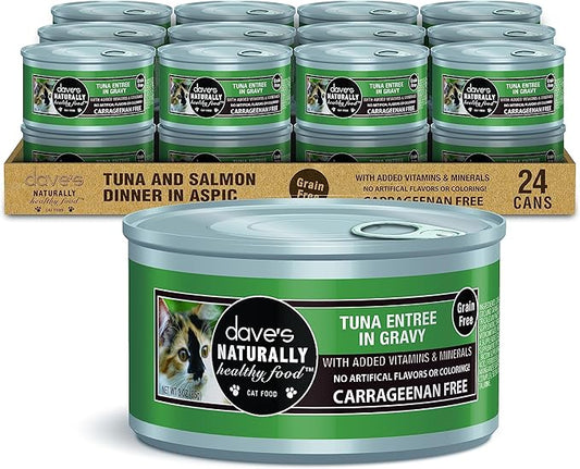 Dave's Pet Food Grain Free Wet Cat Food (Tuna Entrée in Gravy), Naturally Healthy Canned, Added Vitamins & Minerals, Wheat & Gluten-Free, 3 oz (24 Pack)-PawvioPets