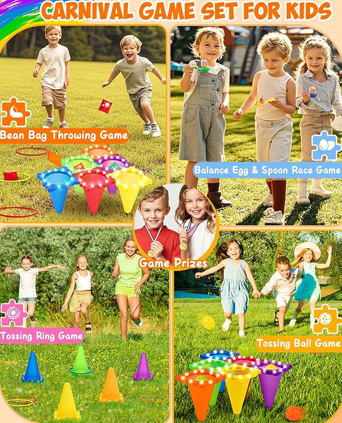 Eocolz 49PCS Carnival Games Outdoor Combo Set for Kids with LED Light, Plastic Cones Obstacle Course Bean Bags Balls Ring Toss Game Egg and Spoon Race Lawn Game, Gift for Birthday Party/Xmas/Easter-PawvioPets