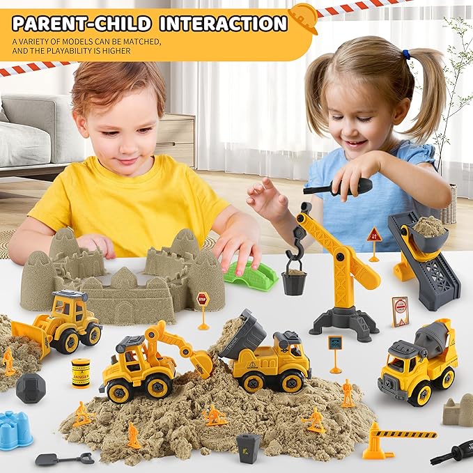 Asoxt 43-Piece Construction Sensory Playset – 2 lbs Play Sand, 4 DIY Trucks, Crane & Road Signs – Creative Sandbox Toy for Kids Ages 3+-PawvioPets