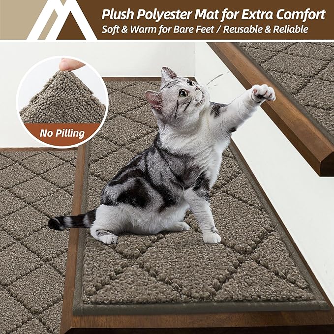 COSY HOMEER Stair Treads for Wooden Steps 9"x28" Washable Indoor Carpet Stair Treads Non Slip Soft Polyester Stair Carpet Tread Reusable Stair Runner Rugs for Kids, Elders,Pets,Light Brown,10pcs-PawvioPets