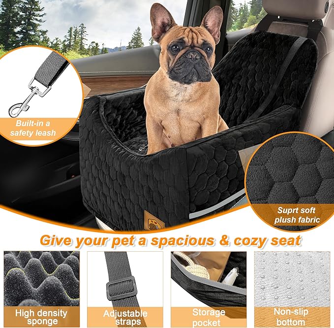 Dog Car Seat for Small/Medium Dogs, Memory Foam Dog Booster Seat, Travel Safety with Washable Removable Cover, Storage Pockets for Dogs up to 35 lbs(Black)-PawvioPets
