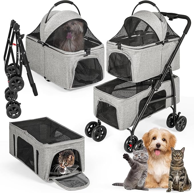 Detachable Pet Double Stroller with 4 Rolling Casters for 2 Pets – Lightweight Multifunctional Travel Stroller with Mesh Windows, Cup Holder, Sun Shades & Storage Pocket for Puppy and Kitty-PawvioPets