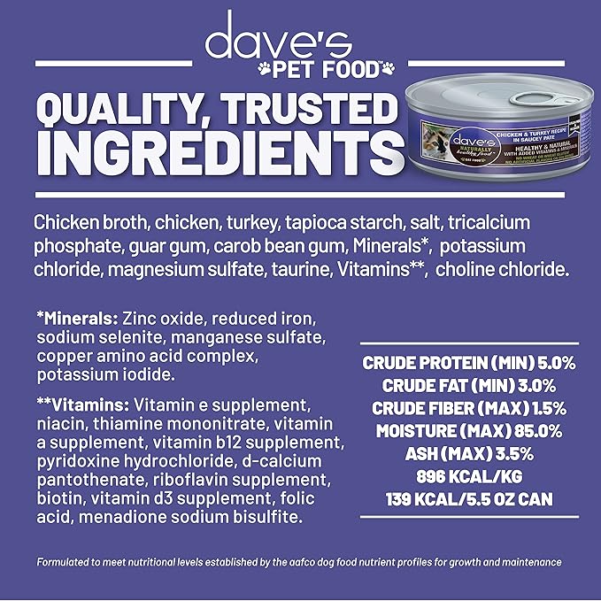 Dave's Pet Food Grain Free Wet Cat Food (Chicken & Turkey Saucey Pate), Naturally Healthy Canned Cat Food, Added Vitamins & Minerals, Wheat Free, 5.5 oz (24 Pack)-PawvioPets